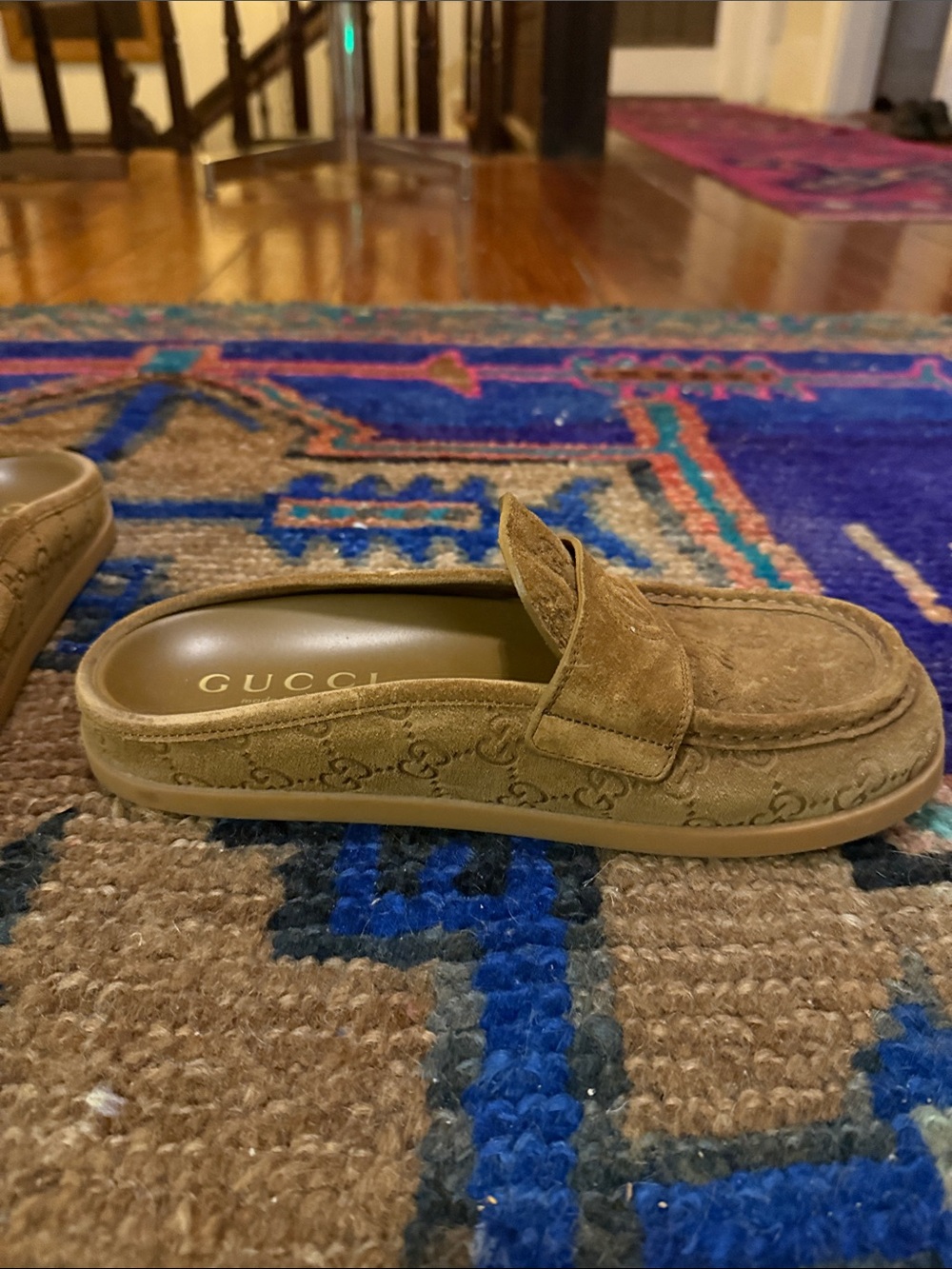 Gucci Tan Suede GG Embossed Slip-On Loafers - Picture 4 of 9